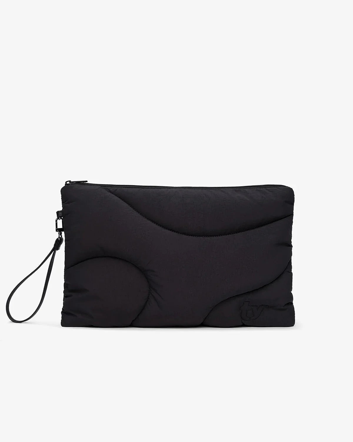 A black wristlet bag