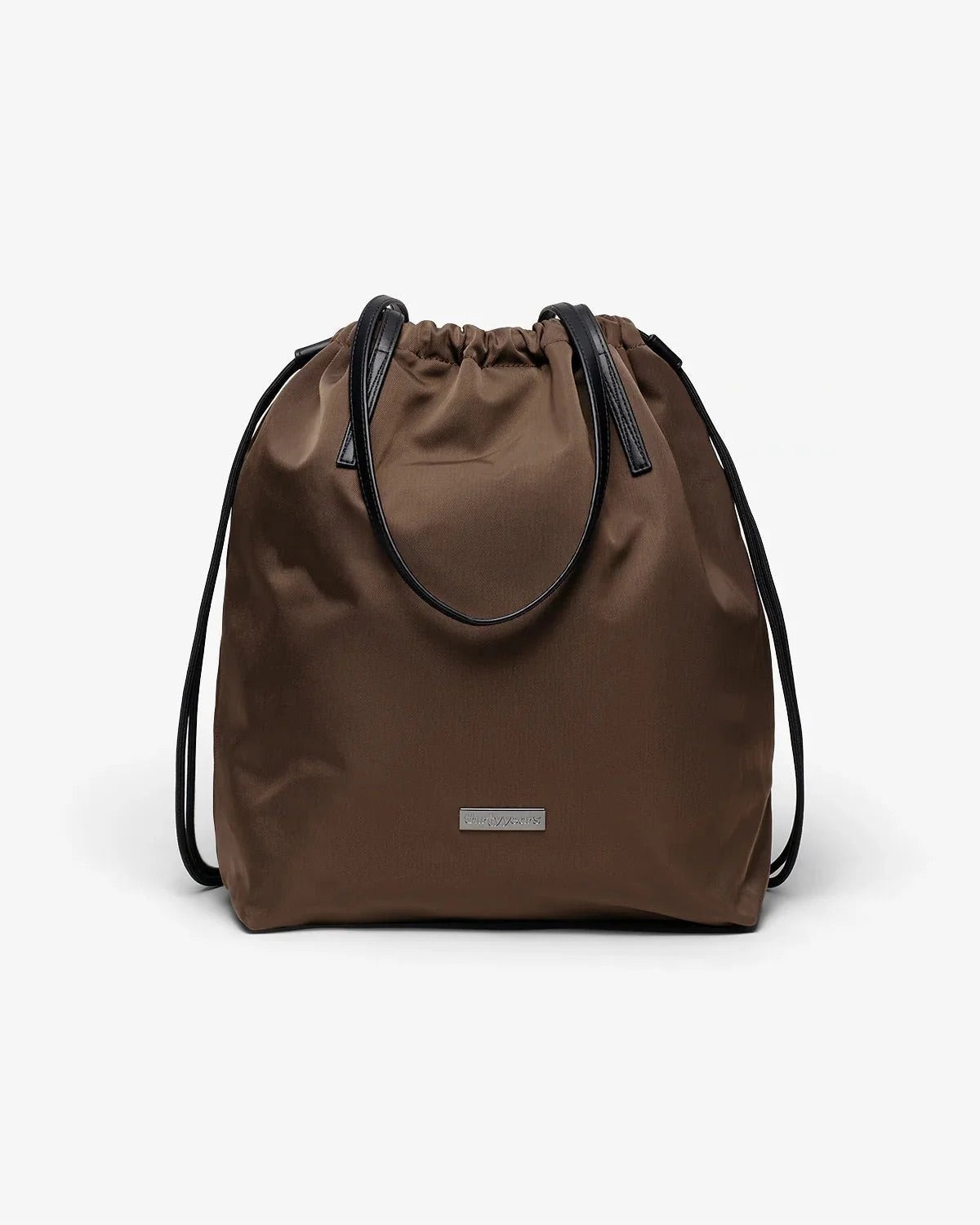 A brown drawstring shoulder bag