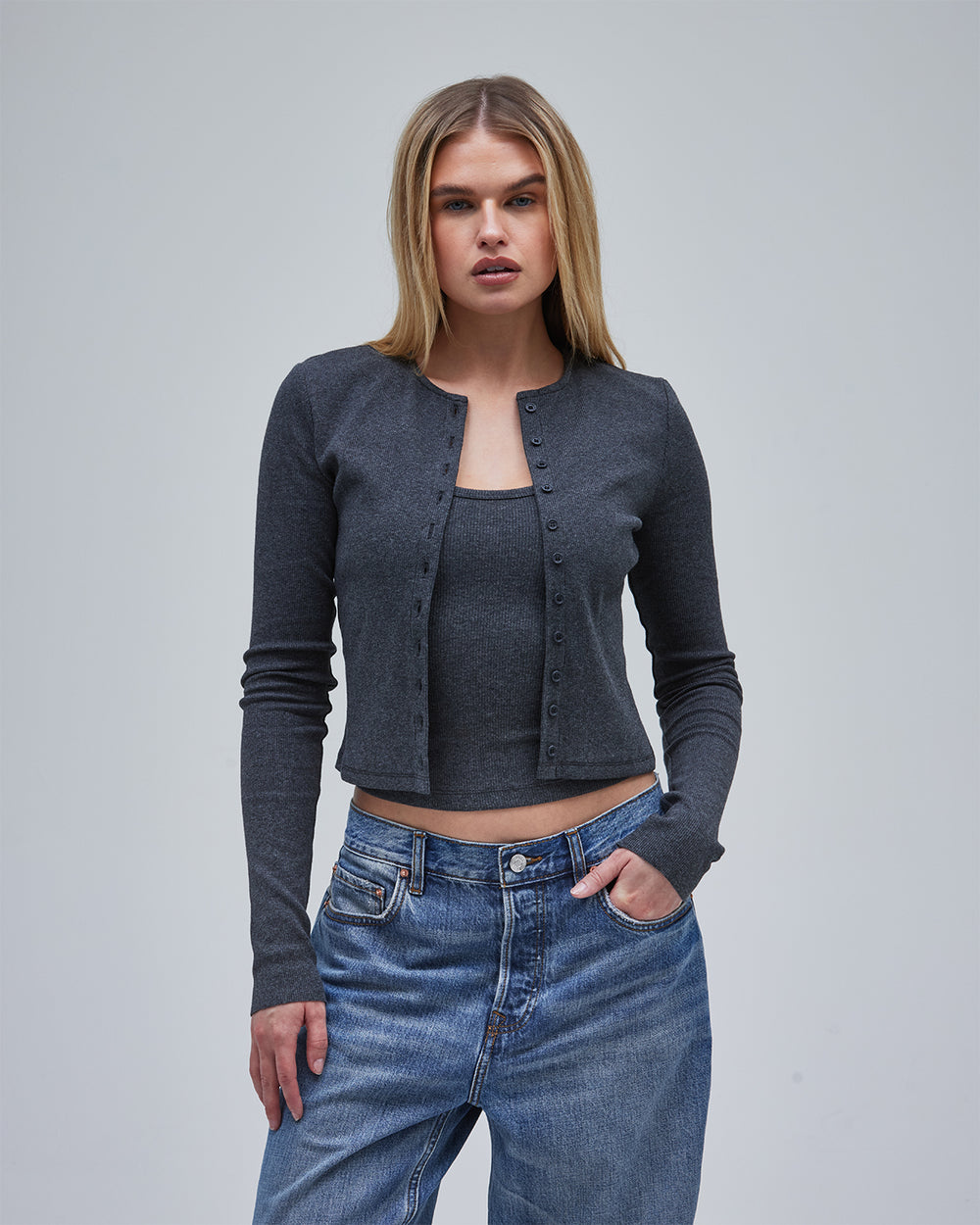 Demi Ribbed Cardigan - Slate