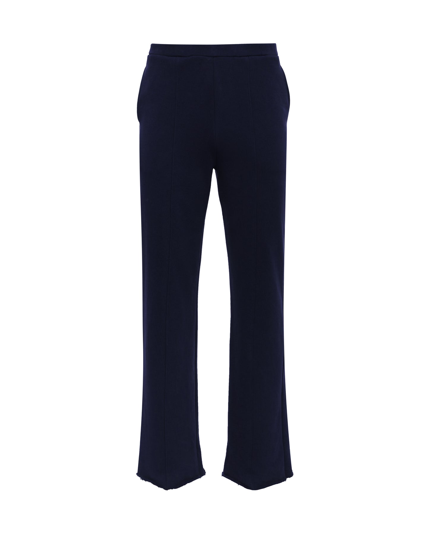navy blue fleece cotton straight leg drawstring sweatpants raw hem