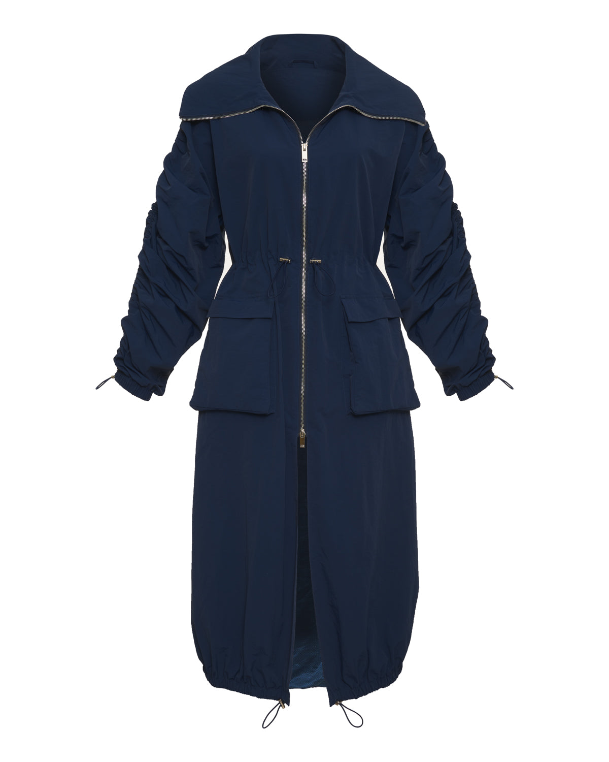 navy dark blue mid-length nylon trench jacket. fold over collar, two-way zip closure, bungee cinch at the waist, hem, two front pockets, two side seam pockets.