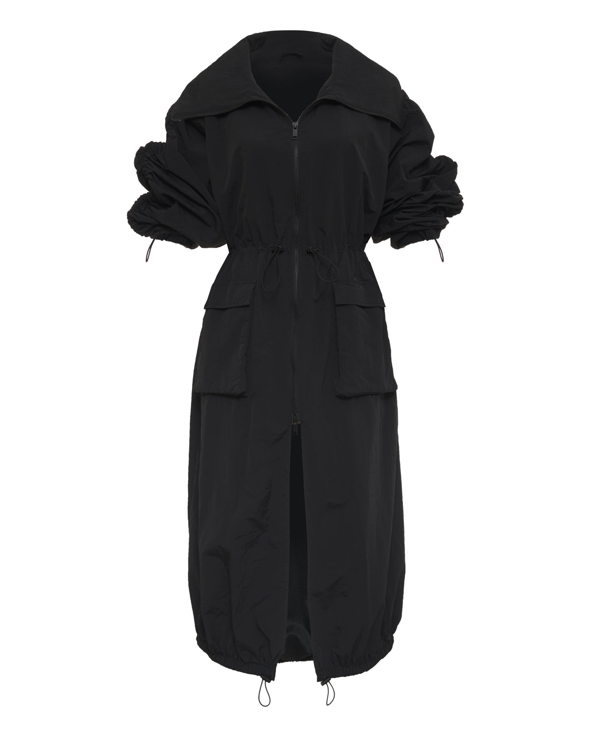 
                  
                    black mid-length nylon trench jacket. fold over collar, two-way zip closure, bungee cinch at the waist, hem, two front pockets, two side seam pockets.
                  
                