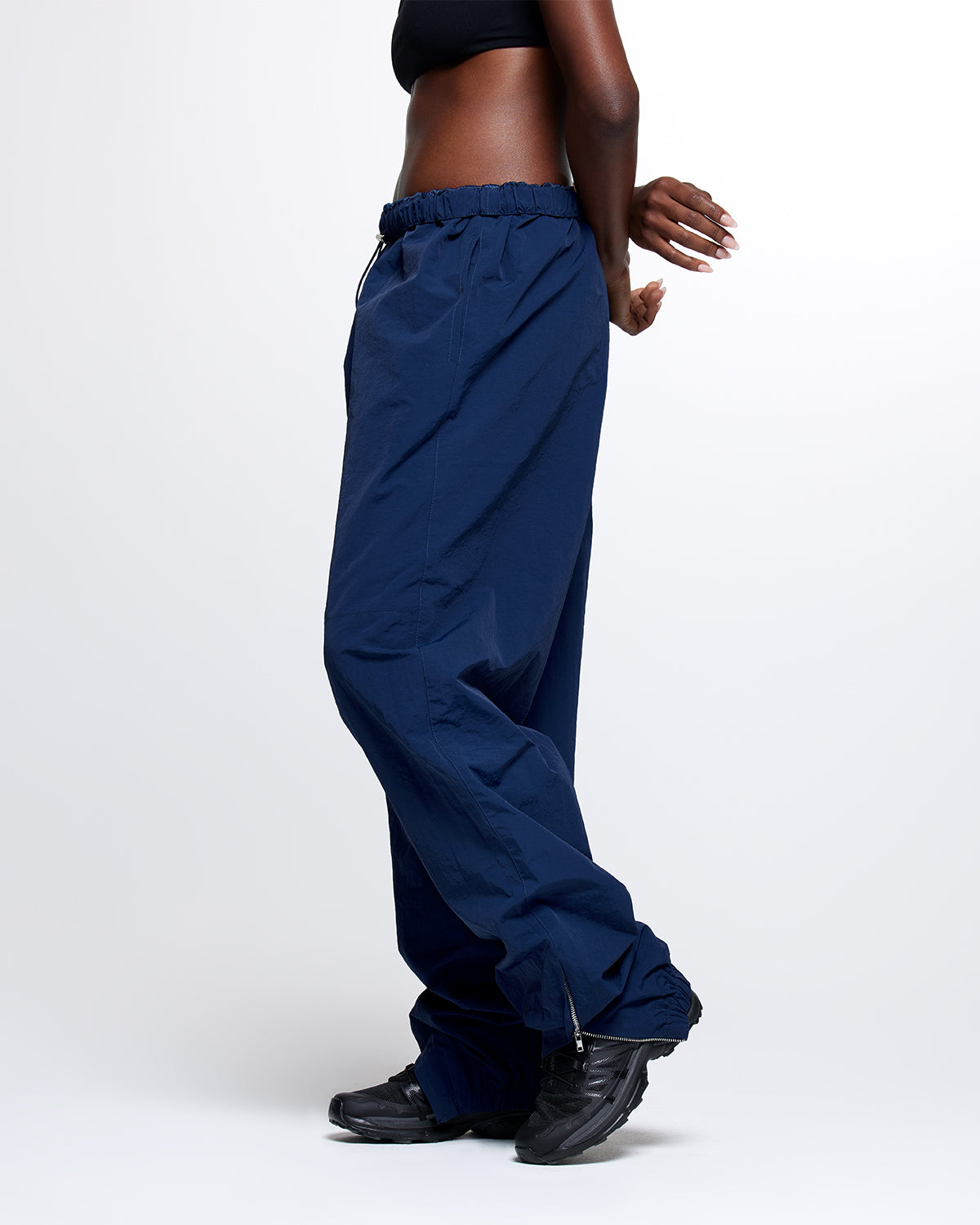 navy dark blue nylon cargo style track pants elastic waist zip cuffs