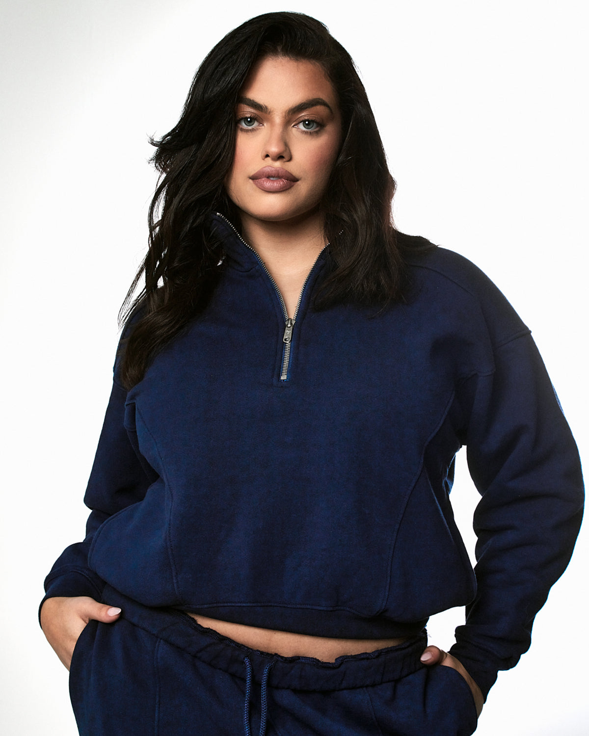 navy blue fleece cotton pullover quarter zip
