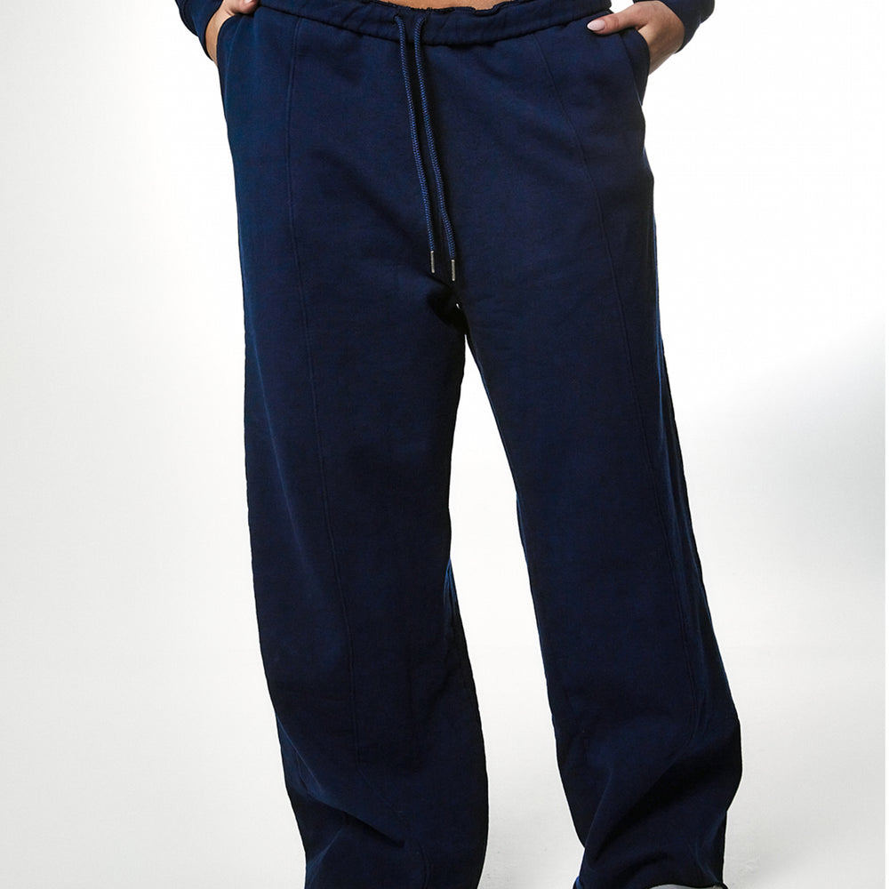 
                  
                    navy blue fleece cotton straight leg drawstring sweatpants raw hem
                  
                