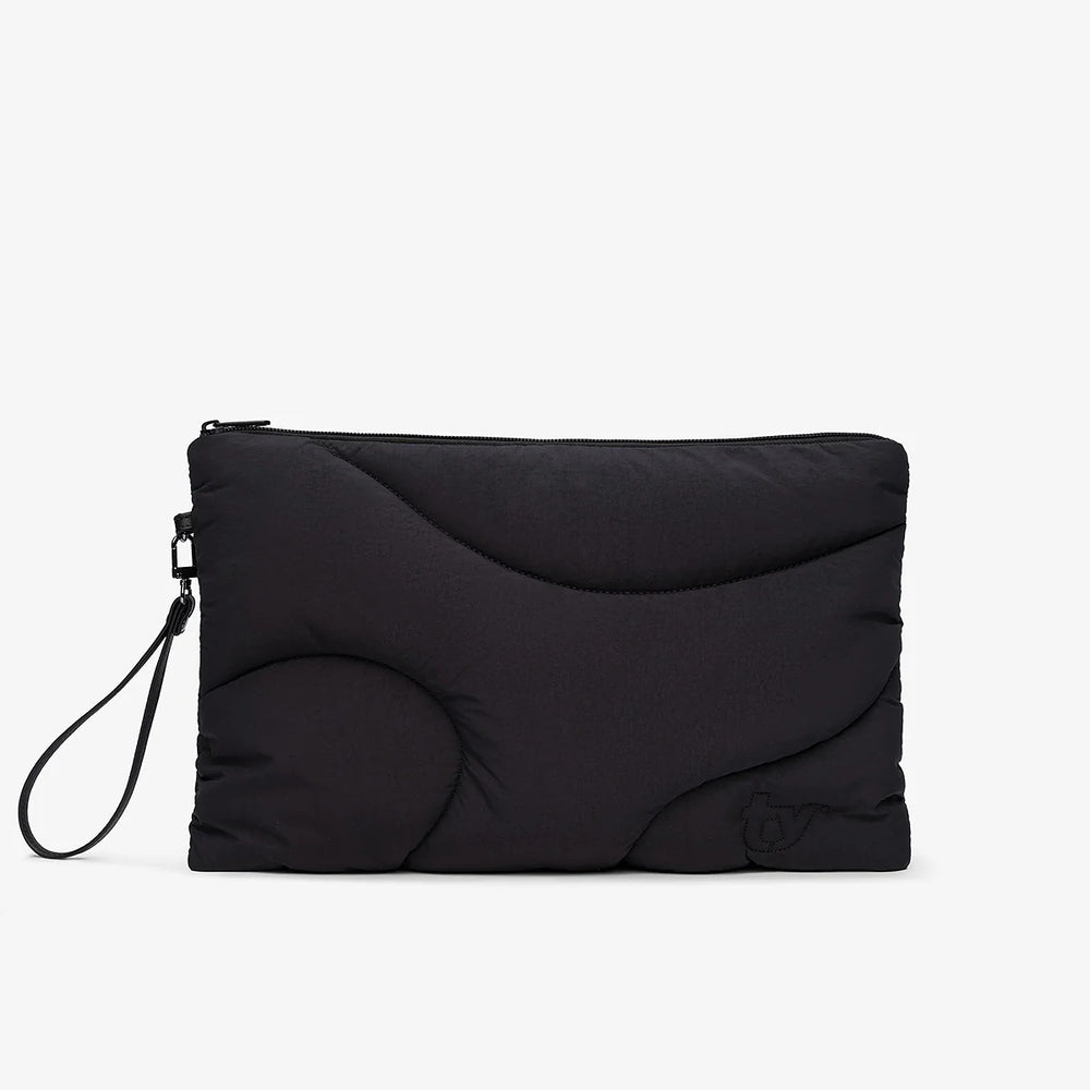 A black wristlet bag