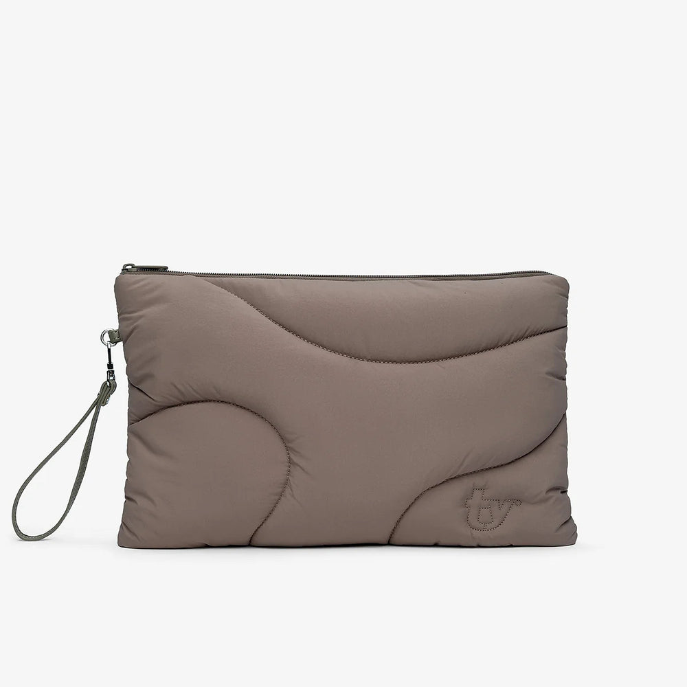 A taupe wristlet