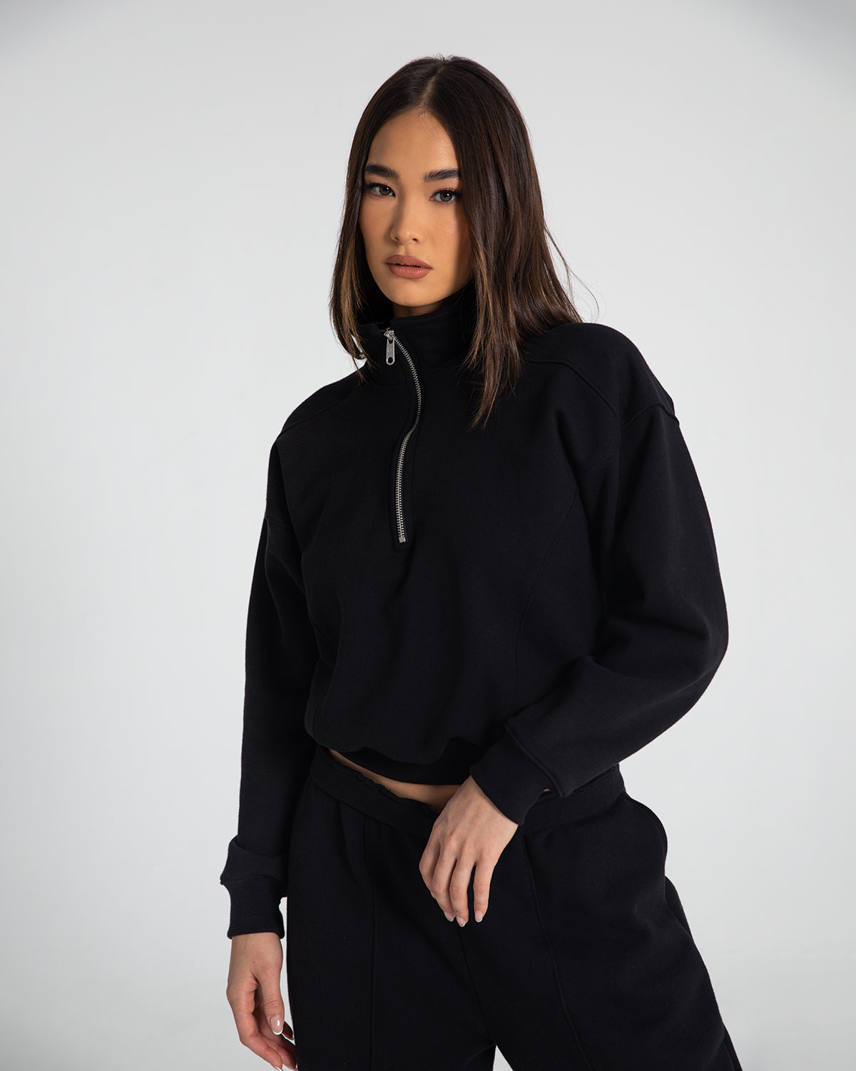 black fleece cotton pullover quarter zip